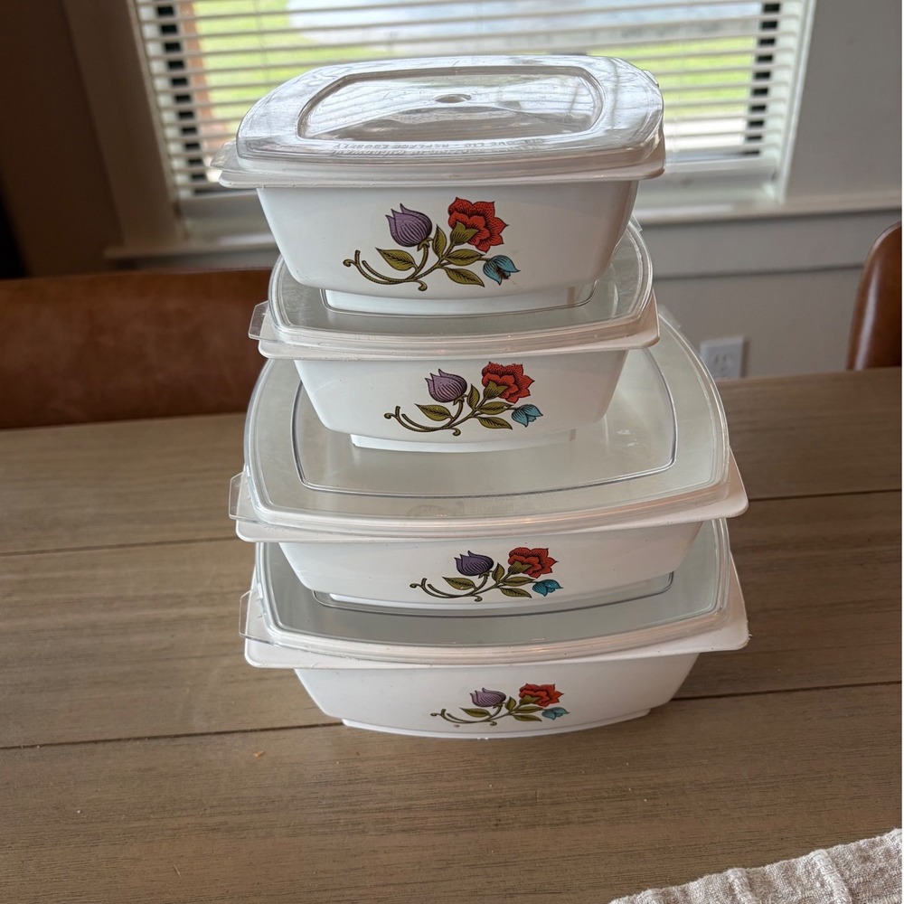 Vintage Hefty Floral Food Storage Containers Set of 4 White Plastic with Lids